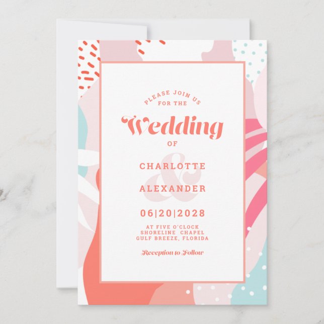 Moderne Abstrakte Kunstkoralle Aquamarine Hochzeit Einladung (Vorderseite)