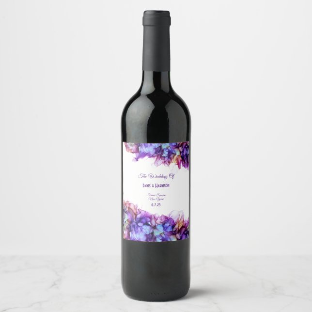 Moderne Abstrakte Lila Haze Alkohol Hochzeit Weinetikett (Vorderseite)