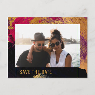 Moderne abstrakte Malerei Goldskript Foto Hochzeit Ankündigungspostkarte