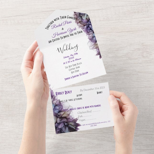 Moderne Abstrakte Mauve- und Gray-Hochzeitseinladu All In One Einladung (Abreißen)