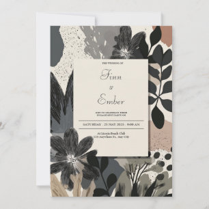Moderne Abstrakte Monochrome Florale Hochzeit Einladung
