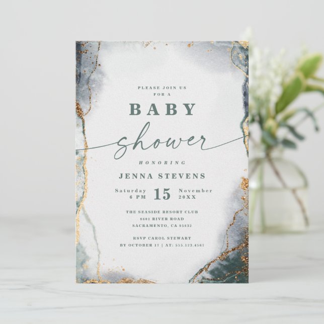 Moderne Abstrakte Navy Green & Gold Baby Dusche Einladung (Stehend Vorderseite)