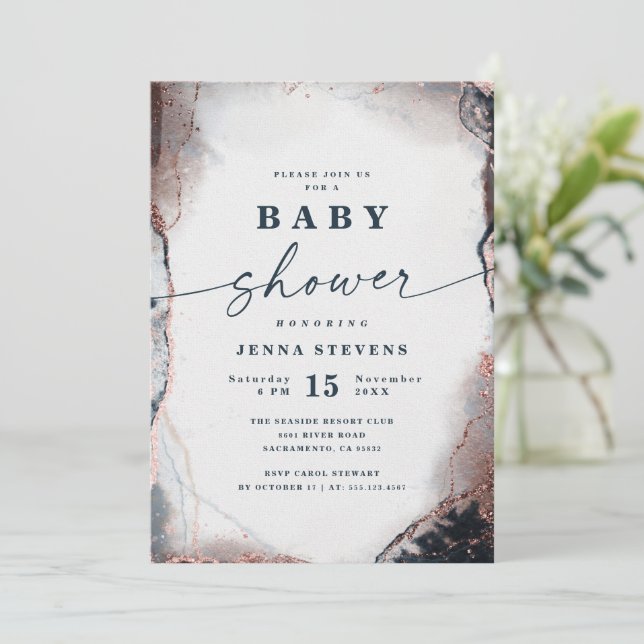 Moderne Abstrakte Navy & Rose Gold Baby Dusche Einladung (Stehend Vorderseite)