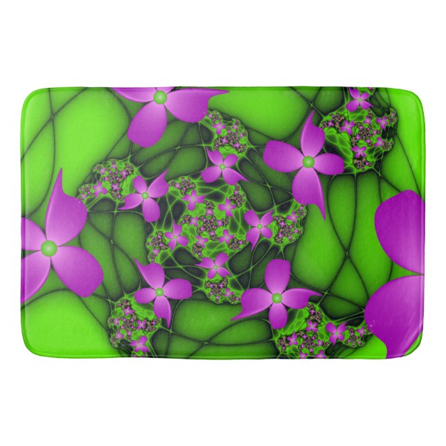 Moderne Abstrakte Neon Pink Green Fraktal Blume Badematte (Vorderseite)