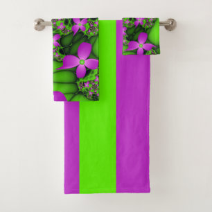Moderne Abstrakte Neon Pink Green Fraktal Blume Badhandtuch Set