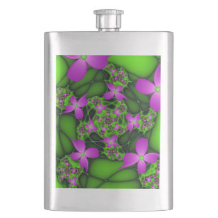 Moderne Abstrakte Neon Pink Green Fraktal Blume Flachmann