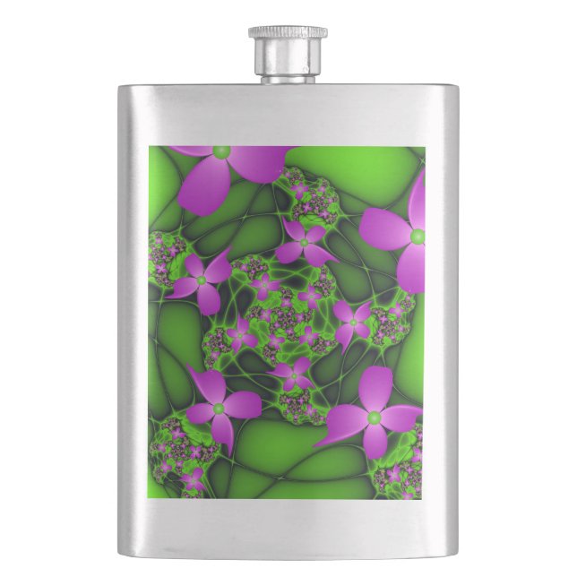 Moderne Abstrakte Neon Pink Green Fraktal Blume Flachmann (Vorderseite)