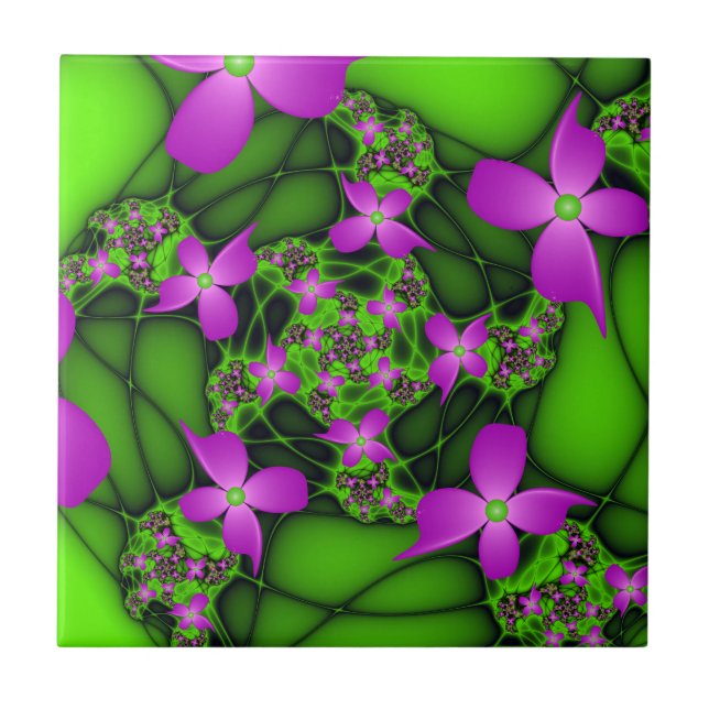 Moderne Abstrakte Neon Pink Green Fraktal Blume Fliese (Vorderseite)
