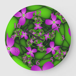 Moderne Abstrakte Neon Pink Green Fraktal Blume Große Wanduhr