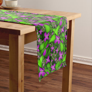 Moderne Abstrakte Neon Pink Green Fraktal Blume Großer Tischläufer
