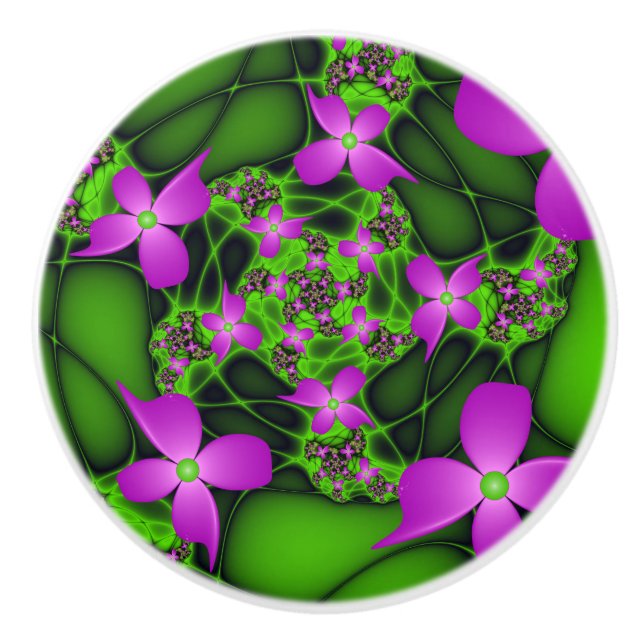 Moderne Abstrakte Neon Pink Green Fraktal Blume Keramikknauf (Vorderseite)