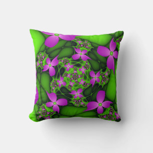 Moderne Abstrakte Neon Pink Green Fraktal Blume Kissen