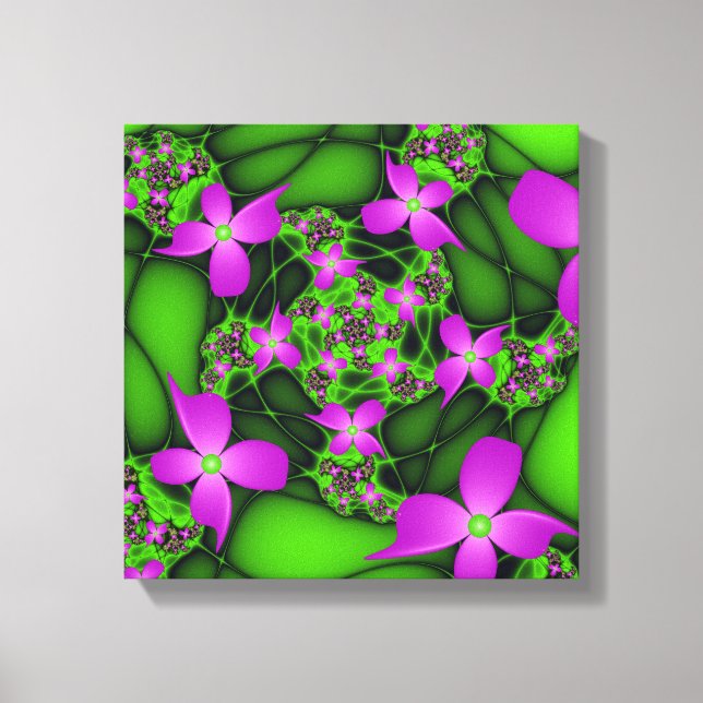 Moderne Abstrakte Neon Pink Green Fraktal Blume Leinwanddruck (Vorderseite)