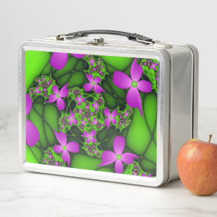 Moderne Abstrakte Neon Pink Green Fraktal Blume Metall Lunch Box