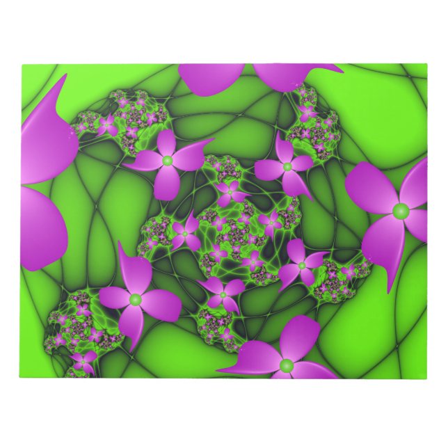 Moderne Abstrakte Neon Pink Green Fraktal Blume Notizblock (Vorderseite)