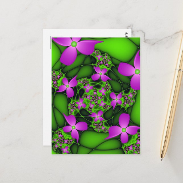 Moderne Abstrakte Neon Pink Green Fraktal Blume Postkarte (Vorderseite/Rückseite Beispiel)