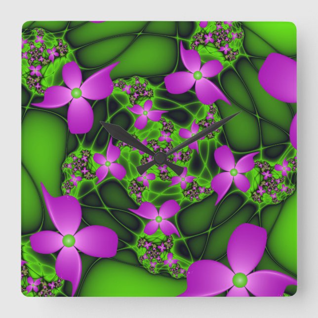 Moderne Abstrakte Neon Pink Green Fraktal Blume Quadratische Wanduhr (Vorderseite)