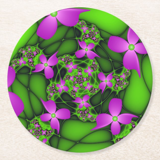 Moderne Abstrakte Neon Pink Green Fraktal Blume Runder Pappuntersetzer (Vorderseite)