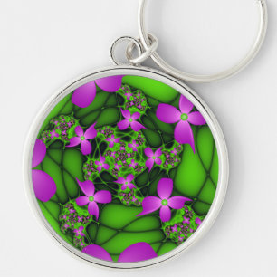 Moderne Abstrakte Neon Pink Green Fraktal Blume Schlüsselanhänger