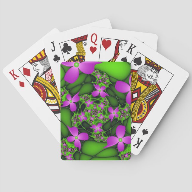 Moderne Abstrakte Neon Pink Green Fraktal Blume Spielkarten (Rückseite)