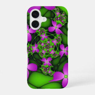 Moderne abstrakte neon-pinke grüne fraktale Blumen iPhone 16 Hülle