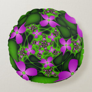 Moderne abstrakte neonrosa grüne fraktale Blumen Rundes Kissen