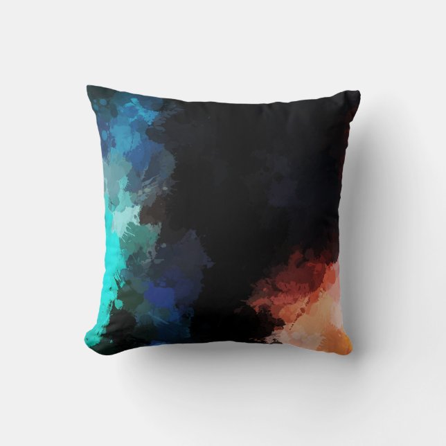 Moderne Abstrakte Paint Spritzers Black Orange Blu Kissen (Vorderseite)