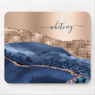 Moderne Abstrakte Rose Gold Indigo Blue Agate Marm Mousepad