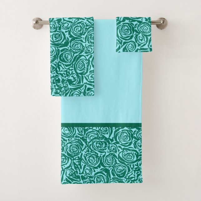 Moderne Abstrakte Rose Muster, Aquamarin und Aqua Badhandtuch Set (Insitu)