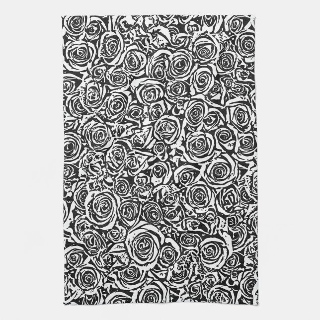 Moderne Abstrakte Rose Muster, Schwarz und Weiß Geschirrtuch (Vertikal)