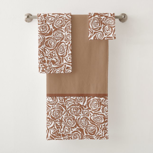 Moderne Abstrakte Rose Muster, Taupe Tan und Weiß Badhandtuch Set (Insitu)