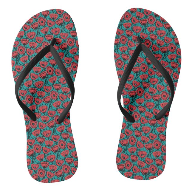 Moderne abstrakte rote Mohn-Blumenmuster Flip Flops (Fußbett)