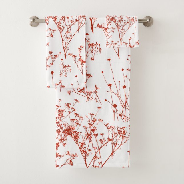 Moderne Abstrakte Rote Wildblumen in Weiß Badhandtuch Set (Insitu)