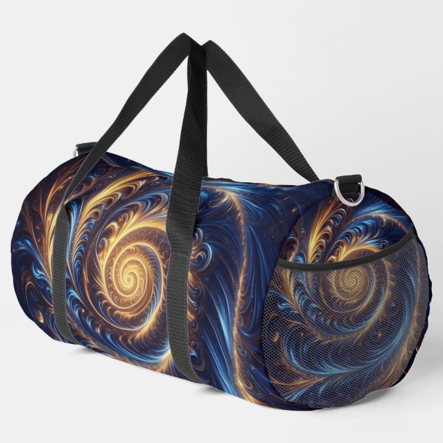 Moderne Abstrakte Space Royal Blue und Gold Wirbel Duffle Bag (Rechte Ecke)