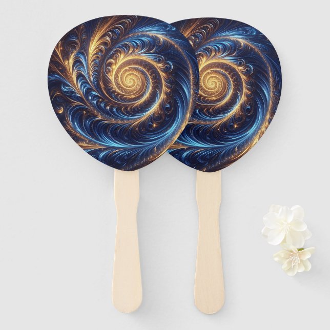 Moderne Abstrakte Space Royal Blue und Gold Wirbel Fächer (Vorne und Hinten)