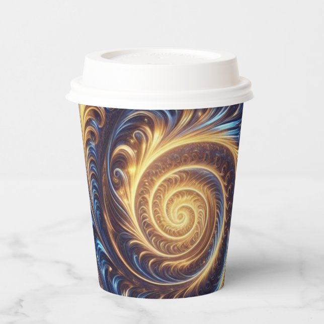 Moderne Abstrakte Space Royal Blue und Gold Wirbel Pappbecher (Links)