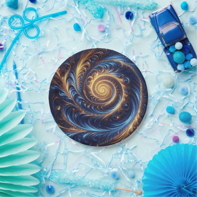 Moderne Abstrakte Space Royal Blue und Gold Wirbel Pappteller (Party)
