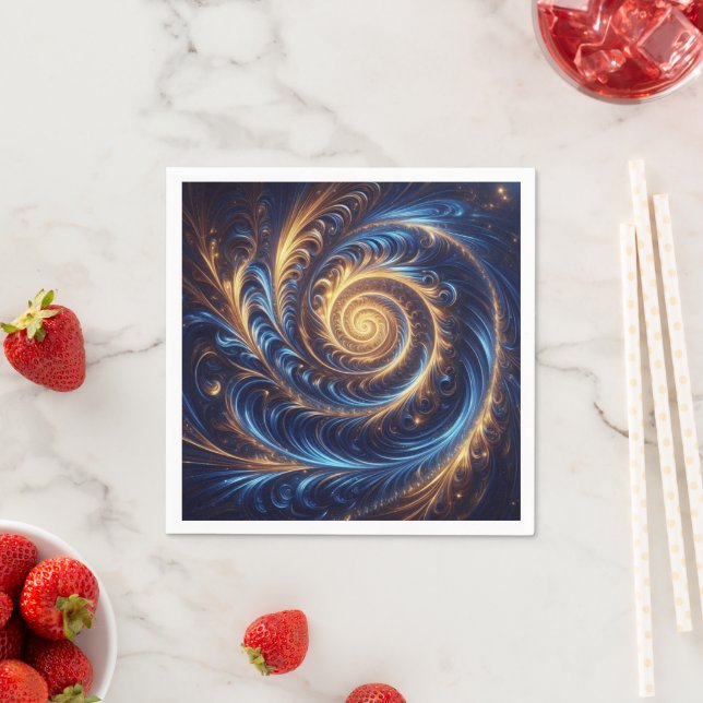 Moderne Abstrakte Space Royal Blue und Gold Wirbel Serviette (Beispiel)
