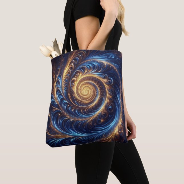 Moderne Abstrakte Space Royal Blue und Gold Wirbel Tasche (Von Nahem)