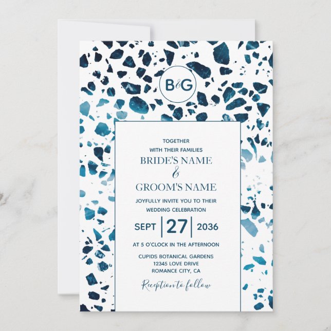 Moderne Abstrakte Terrazzo Mosaic Blue Wedding Einladung (Vorderseite)