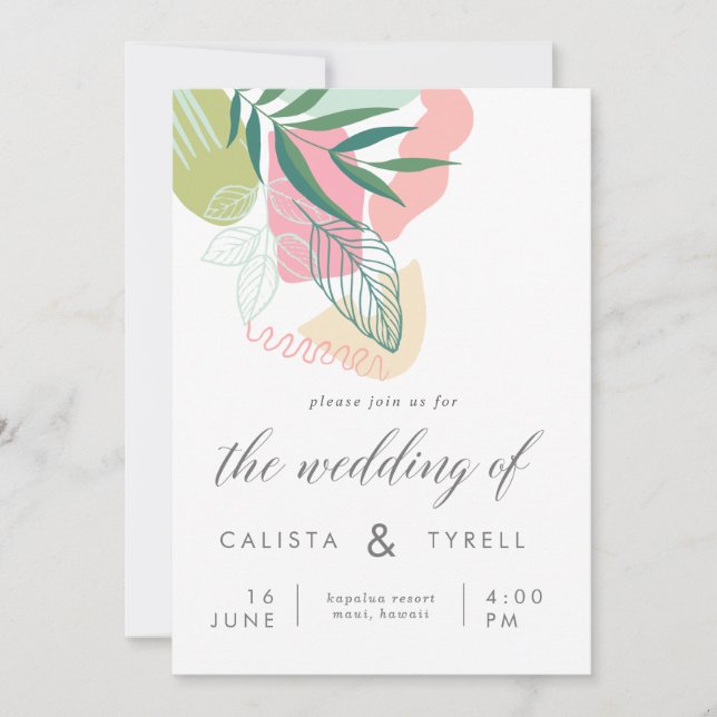 Moderne Abstrakte tropische Blätter Hochzeit Einladung (Vorderseite)