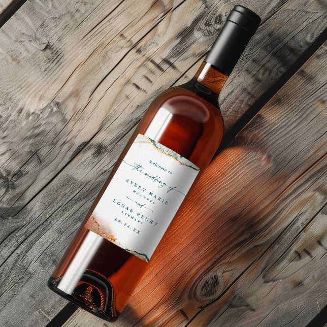 Moderne Abstrakte Wasserfarbe Aquamarin & Kupfer H Weinetikett (Elegant teal and copper watercolor wine label personalized for a wedding.)