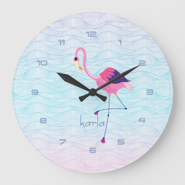 Moderne Abstrakte Wasserwellen und rosa Flamingo Große Wanduhr (Vorderseite)