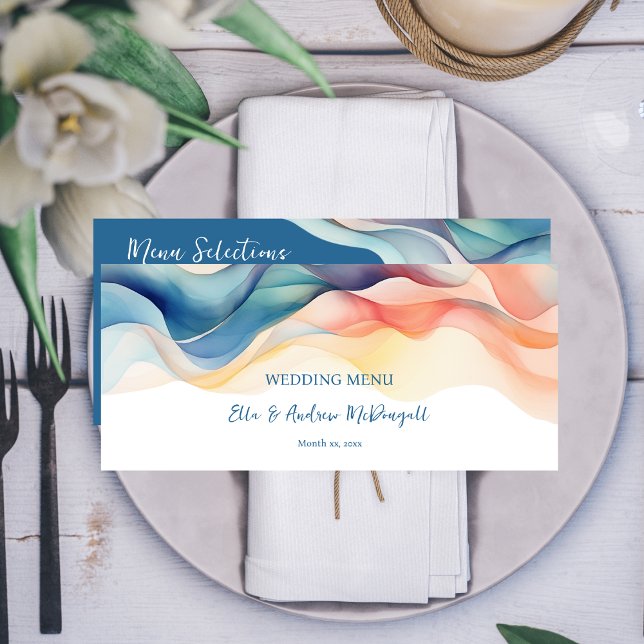 Moderne Abstrakte Wellenhochzeit Menükarte (Modern Abstract Wedding Design Blue Wedding Reception Menu)