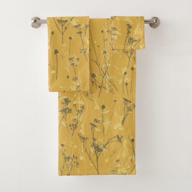 Moderne Abstrakte Wildblumen Senfgelb Badhandtuch Set (Insitu)