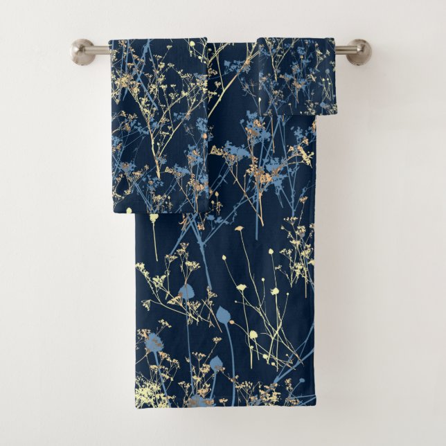 Moderne Abstrakte Wildblumen über Dunkelblau Badhandtuch Set (Insitu)