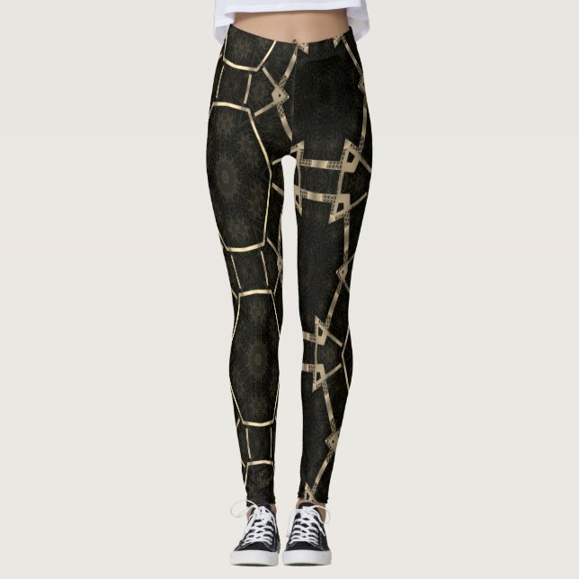 MODERNE abstrakte Zeichnungen in Schwarz-Gold-Mosa Leggings (Vorderseite)