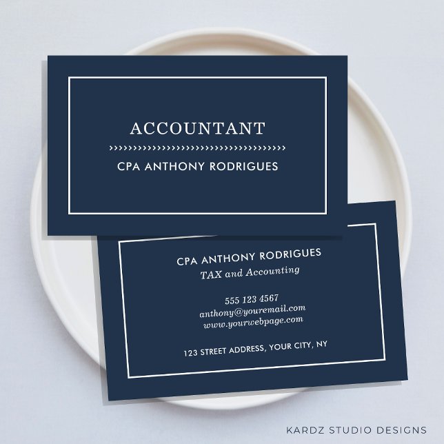 Moderne Accountant Navy Blue Business Card Visitenkarte (Accountant business cards shown in 3.5 x 2 inch. size, more sizes and colors are available.)