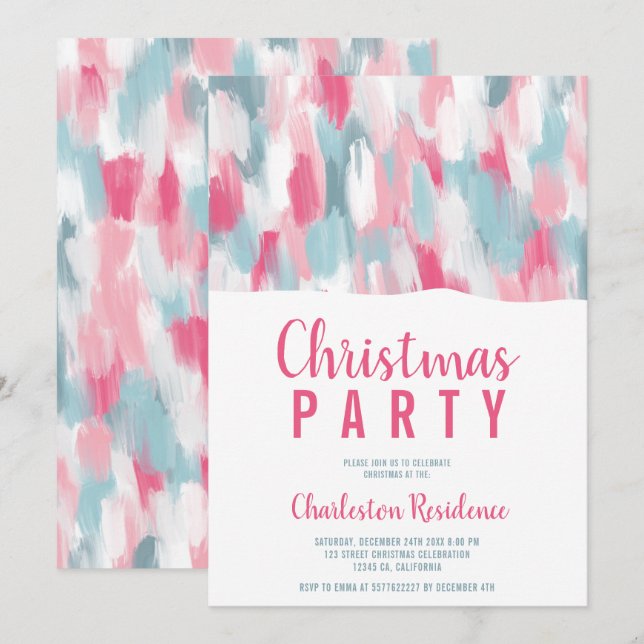 Moderne Acryl-Pinselstriche rosa blaue Weihnachten Einladung (Vorne/Hinten)