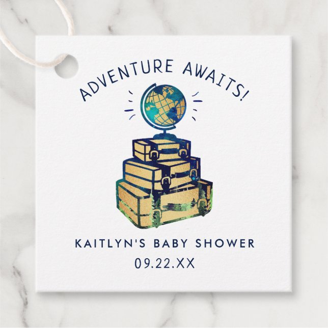 Moderne Adventure Travel Globe Baby Dusche Geschenkanhänger (Vorderseite)